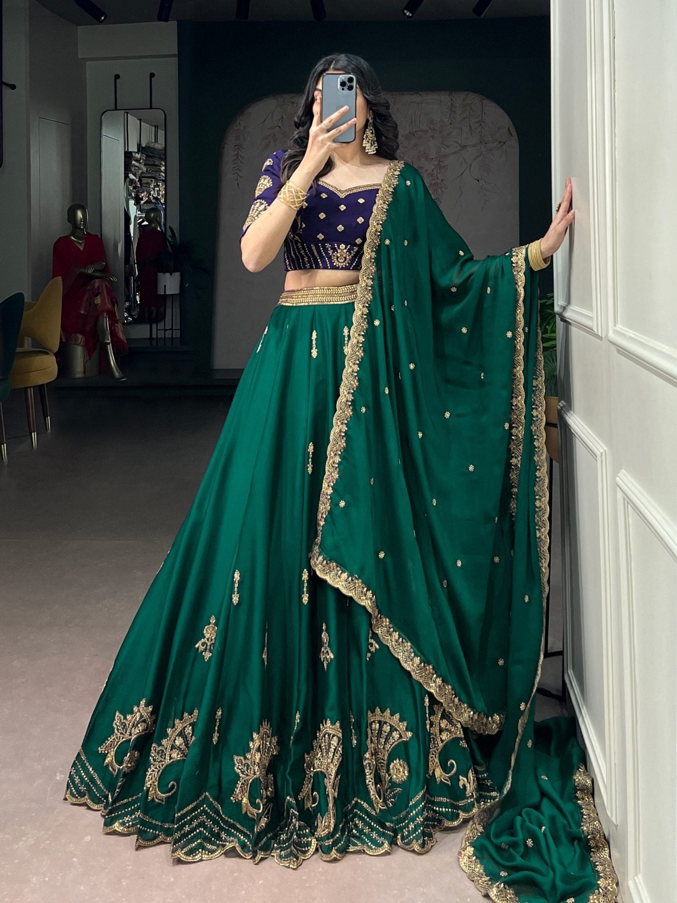 Green Rangoli Silk Lehenga Set with Thread Work full drape view