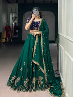 Green Rangoli Silk Lehenga Set with Thread Work blouse and dupatta detail