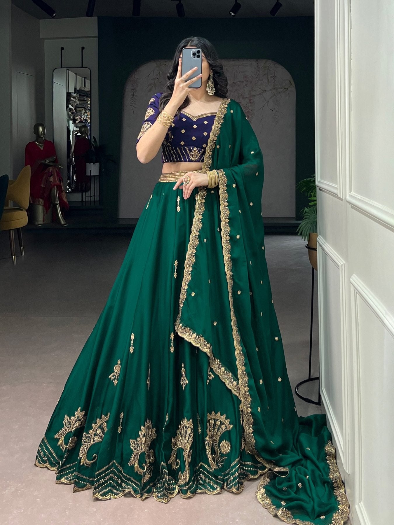 Green Rangoli Silk Lehenga Set with Thread Work blouse and dupatta detail