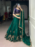 Green Rangoli Silk Lehenga Set with Thread Work embroidery close-up