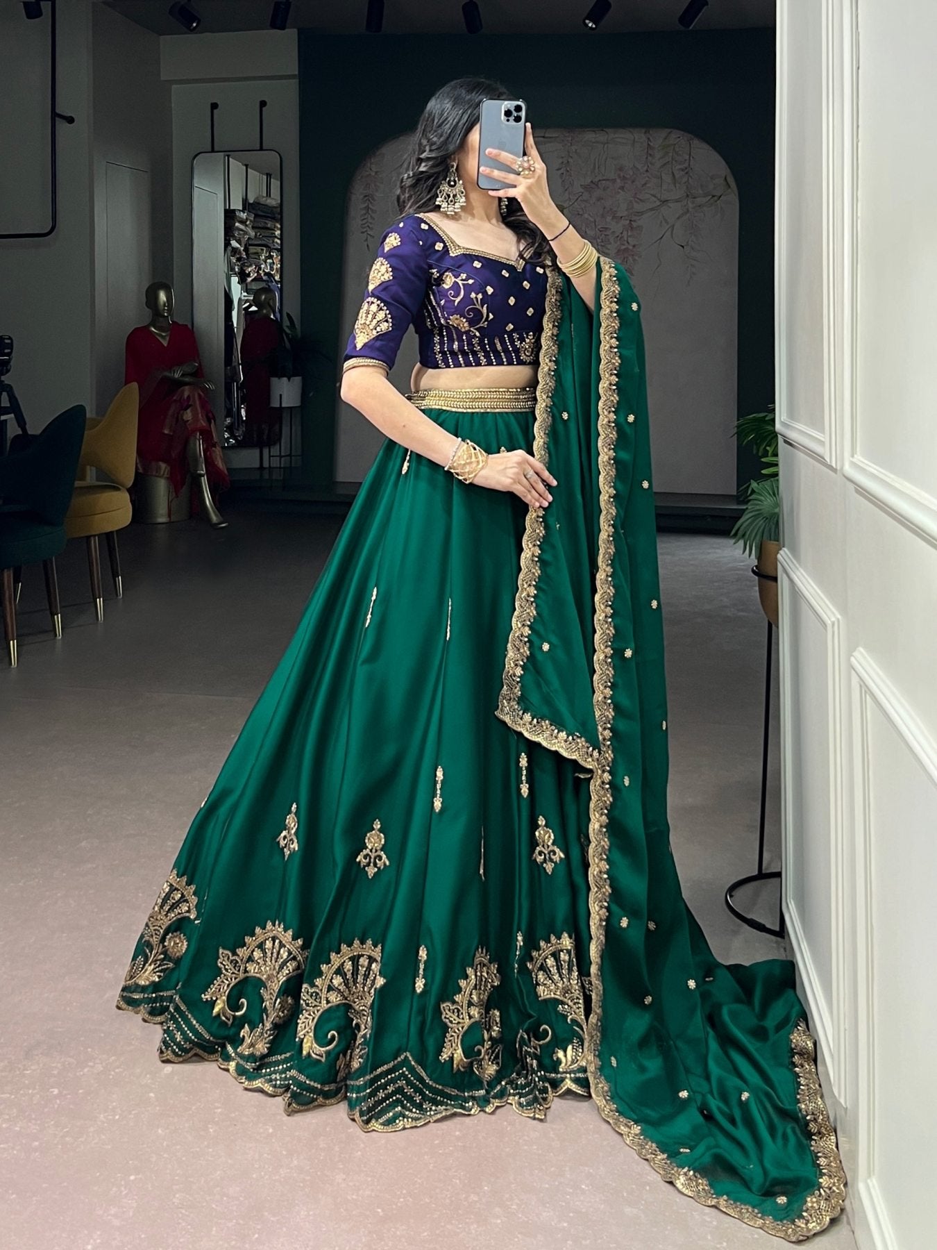 Green Rangoli Silk Lehenga Set with Thread Work embroidery close-up