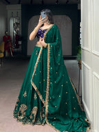 Green Rangoli Silk Lehenga Set with Thread Work fabric texture detail