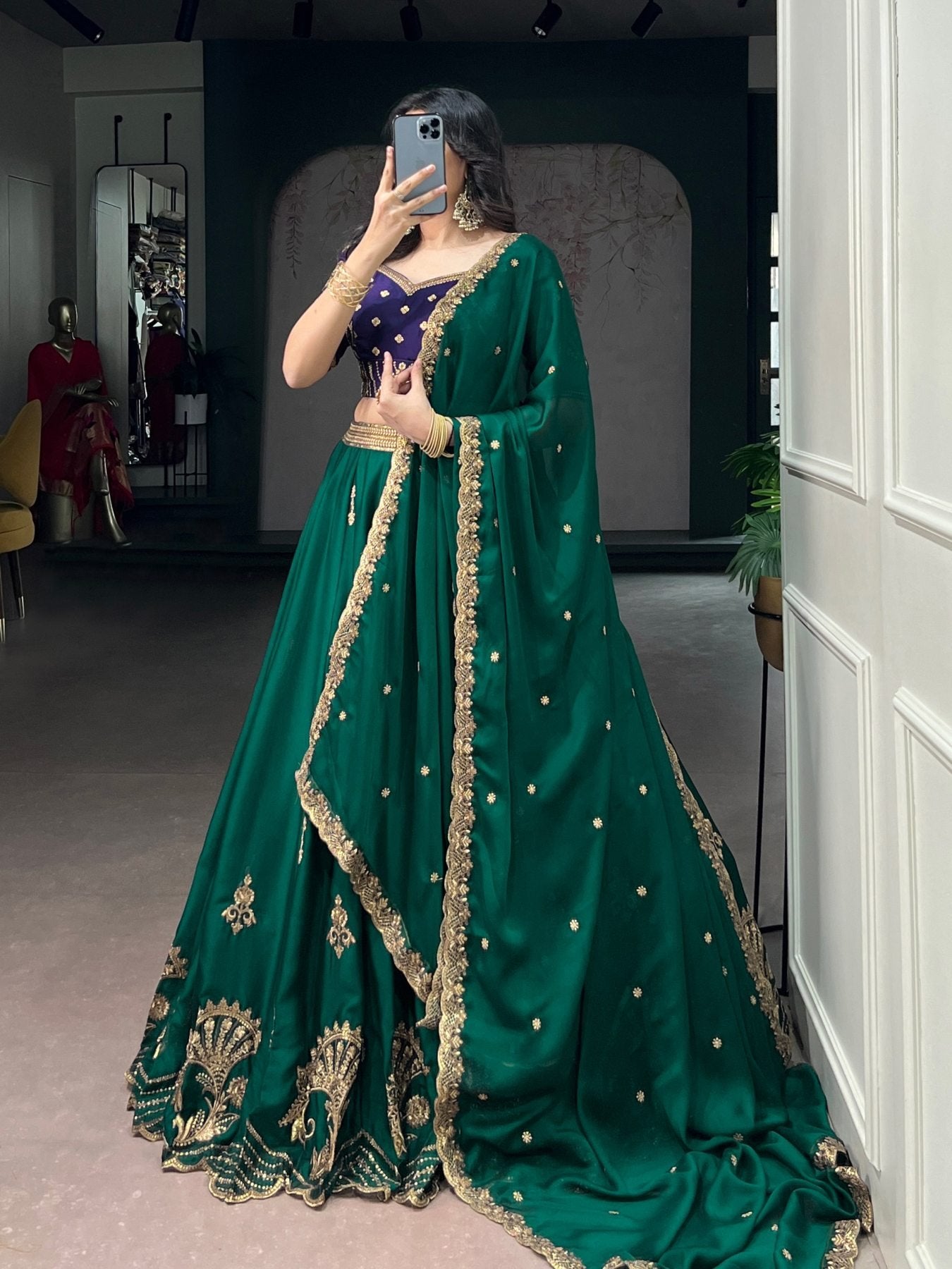 Green Rangoli Silk Lehenga Set with Thread Work fabric texture detail