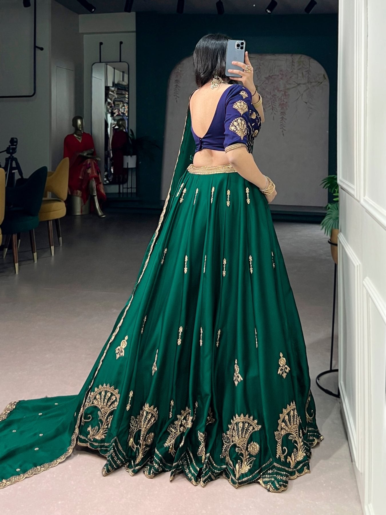 Green Rangoli Silk Lehenga Set with Thread Work back view