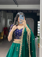 Green Rangoli Silk Lehenga Set with Thread Work styling view