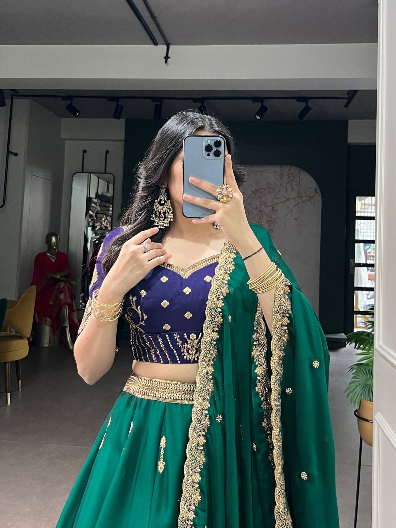 Green Rangoli Silk Lehenga Set with Thread Work styling view