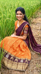Orange Gadhwal Silk Lehenga Choli with Zari Weaving and Embroidered Dupatta full drape view