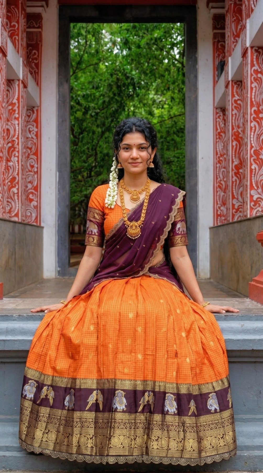 Orange Gadhwal Silk Lehenga Choli with Zari Weaving and Embroidered Dupatta blouse and dupatta detail