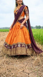 Orange Gadhwal Silk Lehenga Choli with Zari Weaving and Embroidered Dupatta embroidery close-up