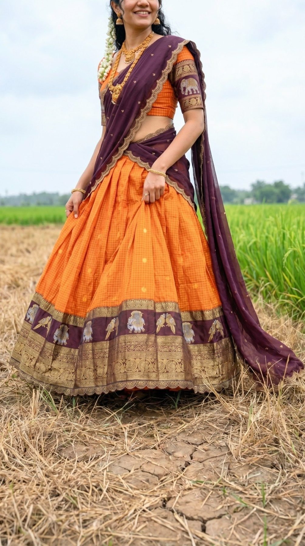 Orange Gadhwal Silk Lehenga Choli with Zari Weaving and Embroidered Dupatta embroidery close-up