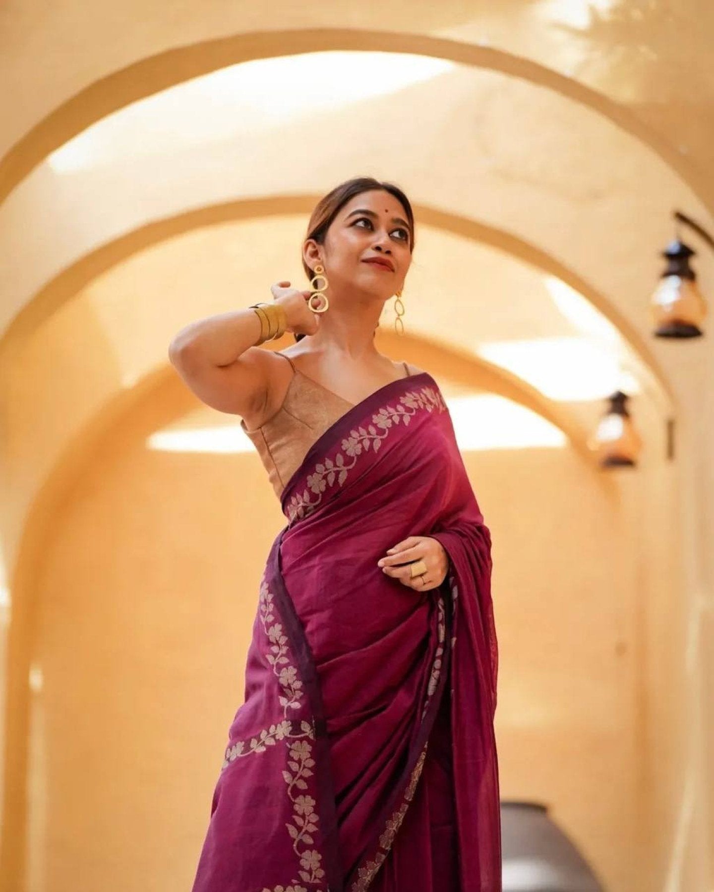Wine Cotton Saree - side drape view