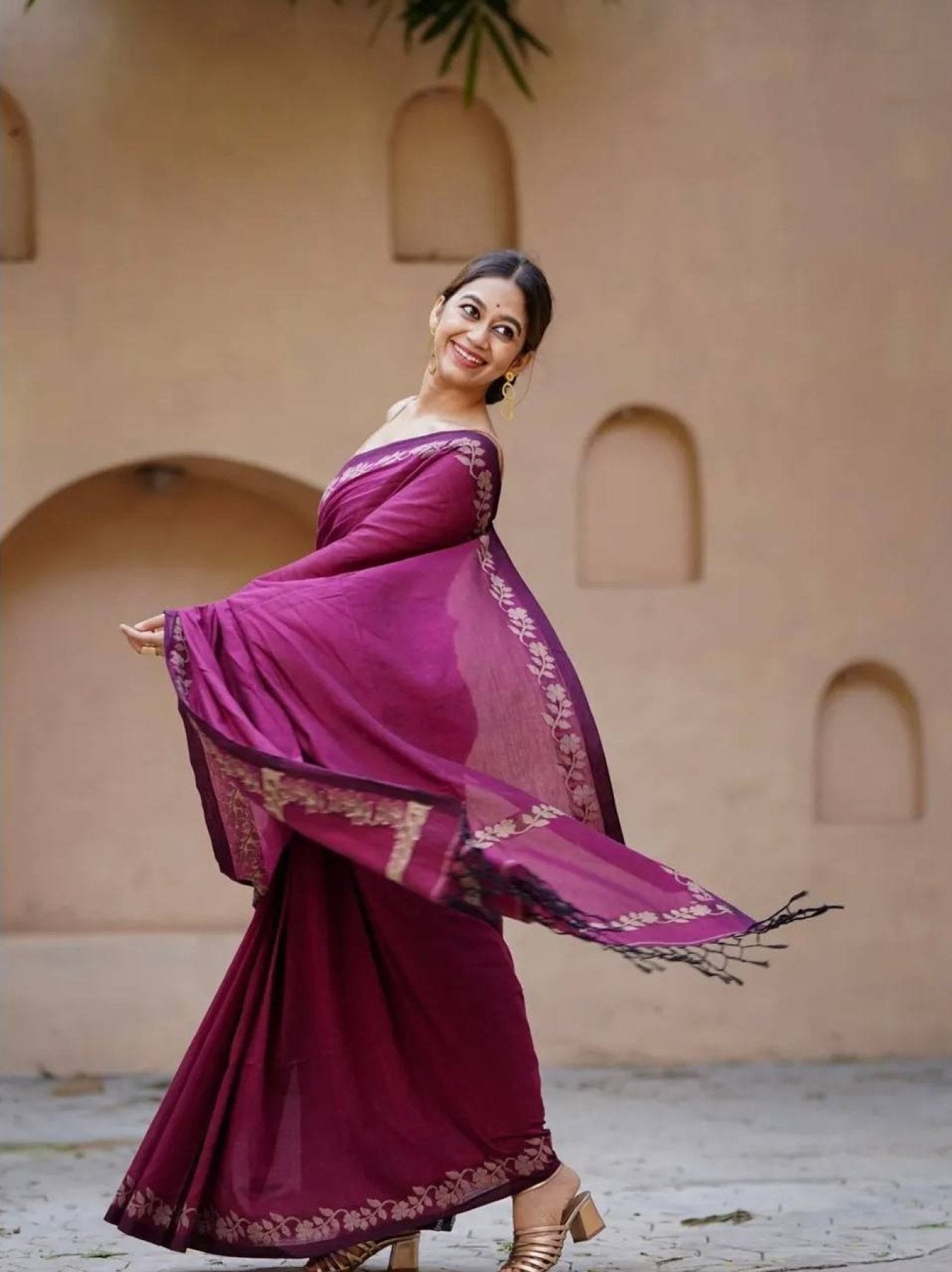 Wine Cotton Saree - fabric texture close-up