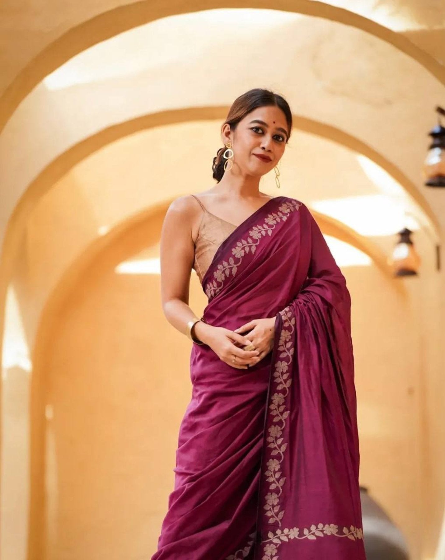 Wine Cotton Saree - pallu design detail