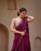 Wine Cotton Saree - back view