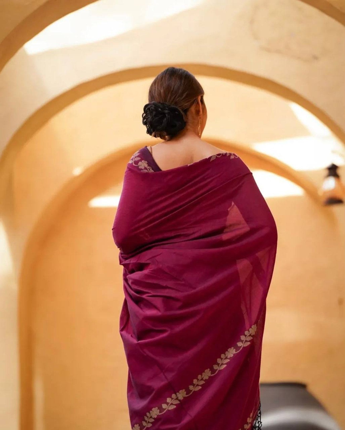 Wine Cotton Saree - styling and accessories view