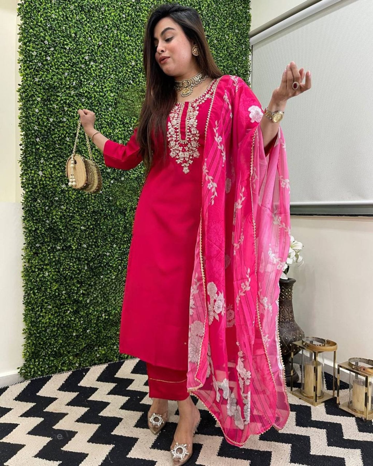 Viscose Chanderi Kurti Set with Printed Tussar Silk Dupatta embroidery close-up