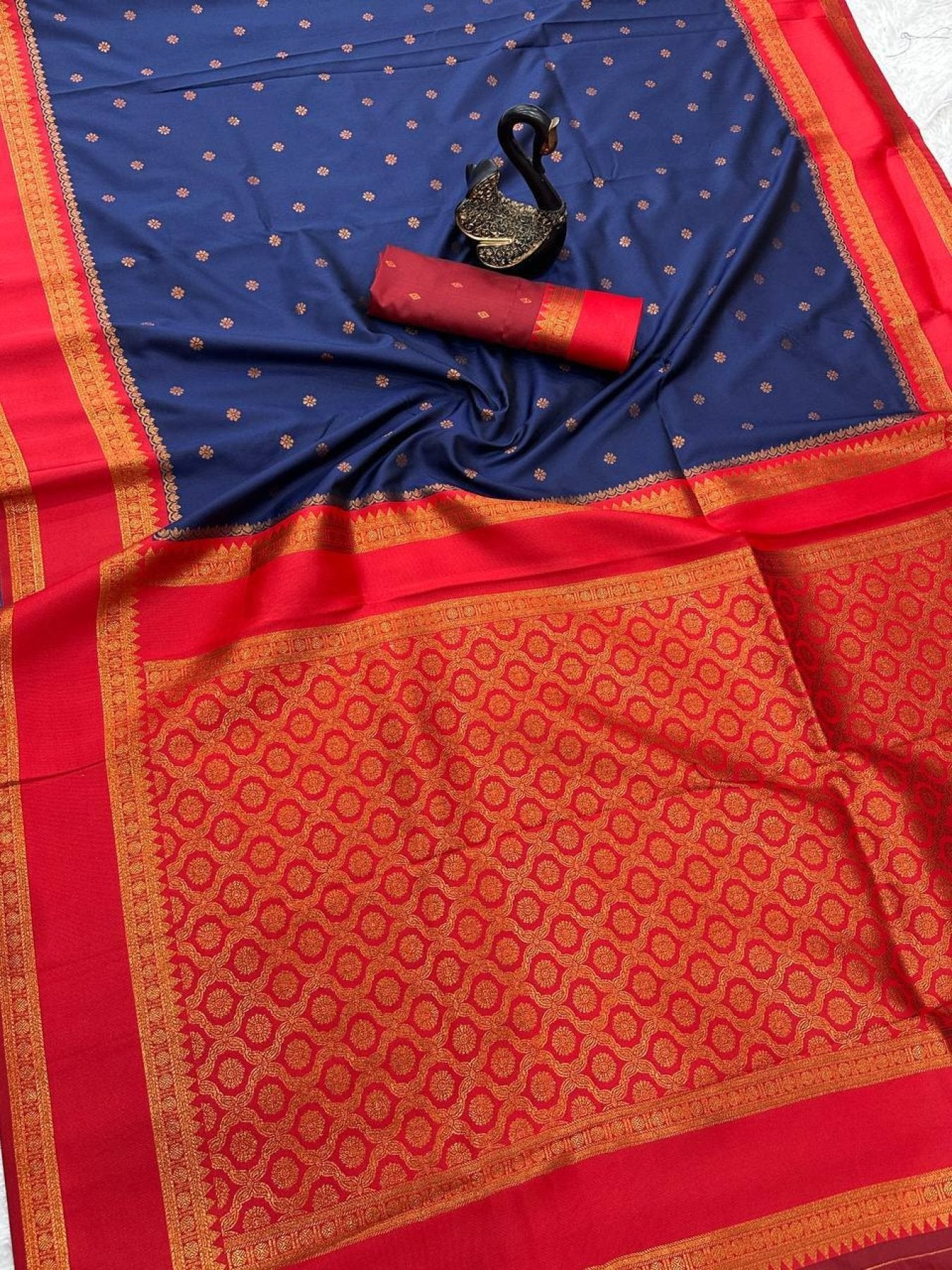 Blue Silk Saree - side drape view