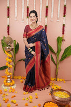 Blue Silk Saree - Zari embroidery work detail