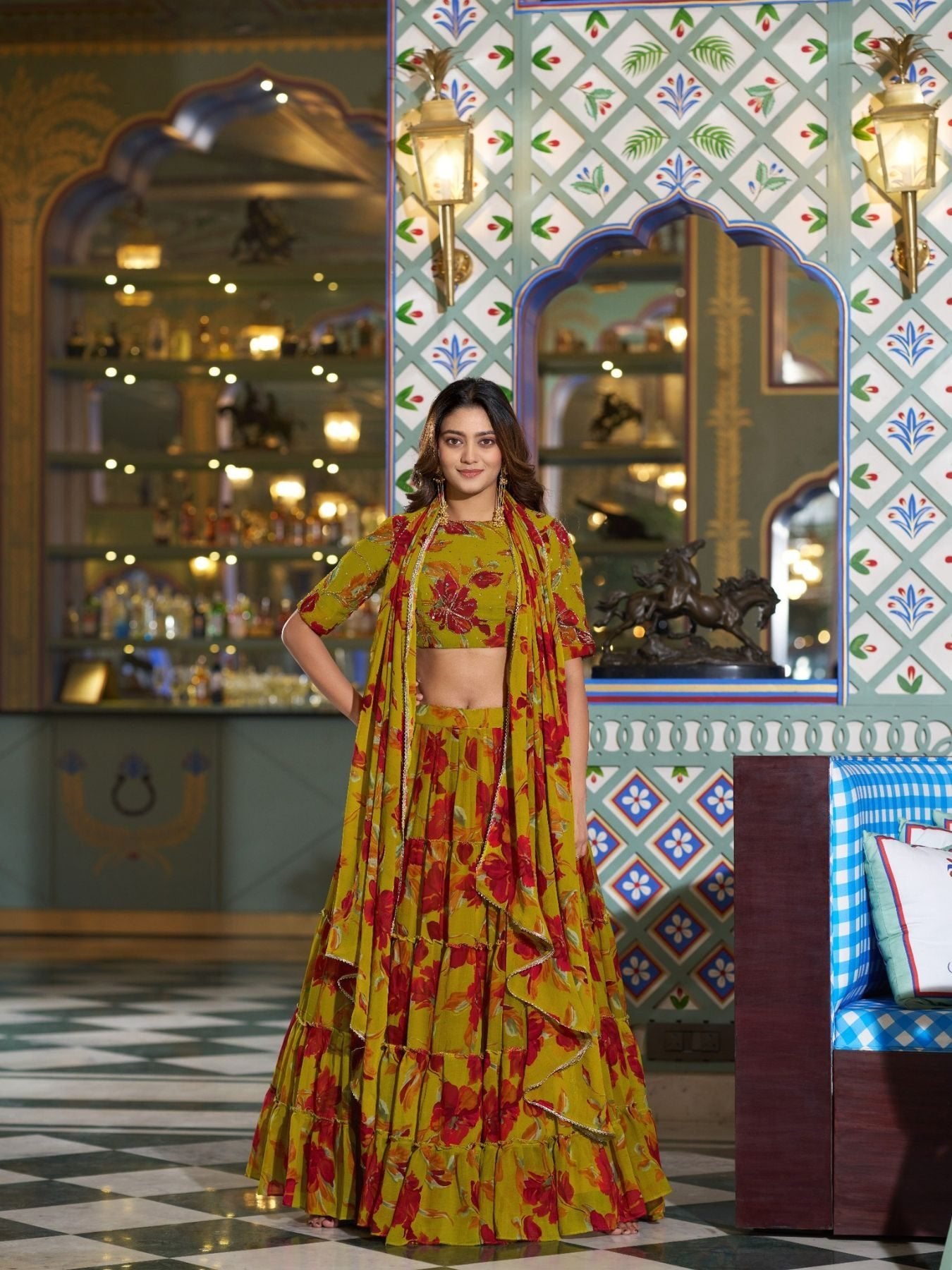 Floral Printed Marble Lehenga Choli with Lace Border Dupatta embroidery close-up