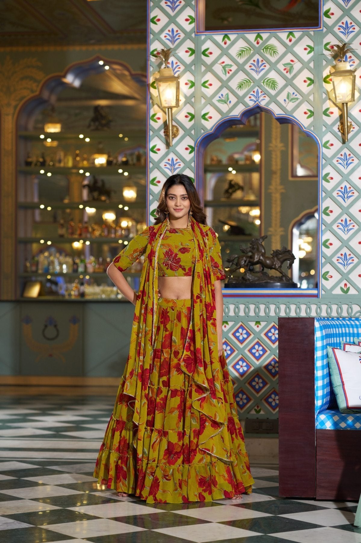 Floral Printed Marble Lehenga Choli with Lace Border Dupatta back view