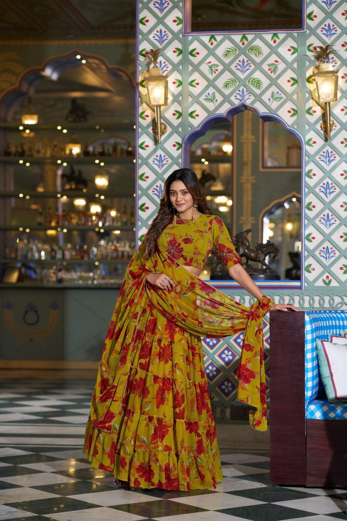 Floral Printed Marble Lehenga Choli with Lace Border Dupatta styling view