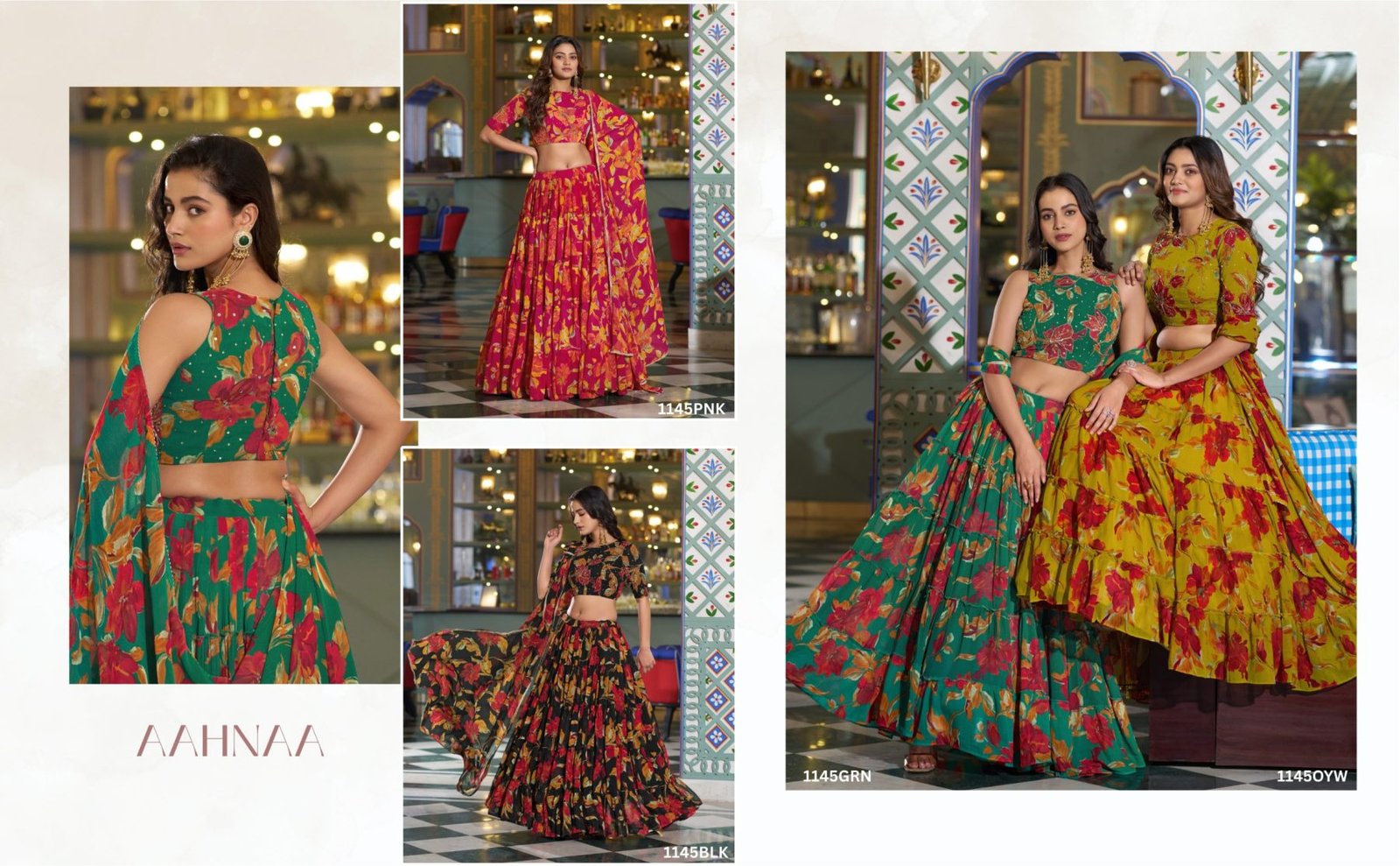 Floral Printed Marble Lehenga Choli with Lace Border Dupatta front view