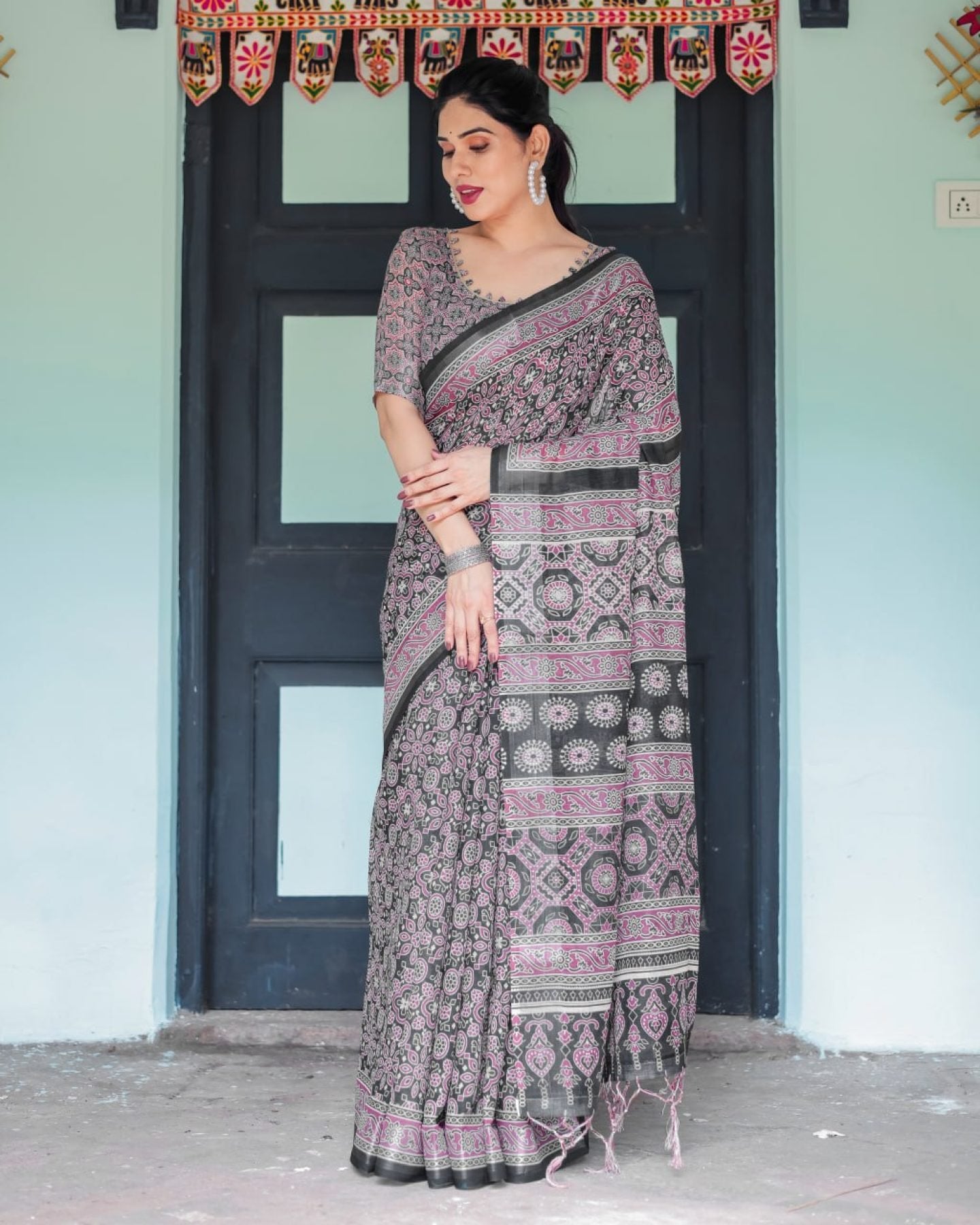 Black Cotton Saree - fabric texture close-up