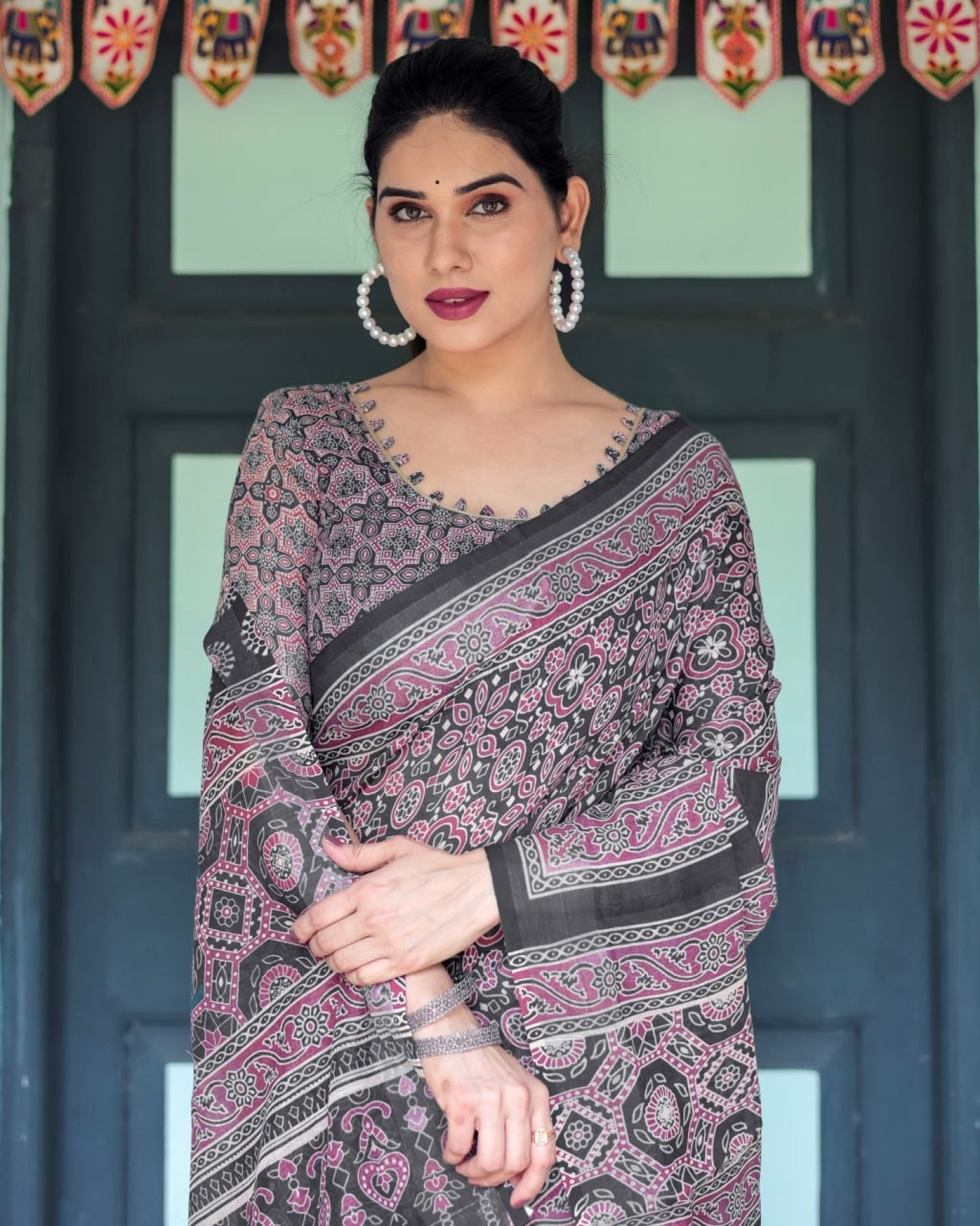 Black Cotton Saree - back view