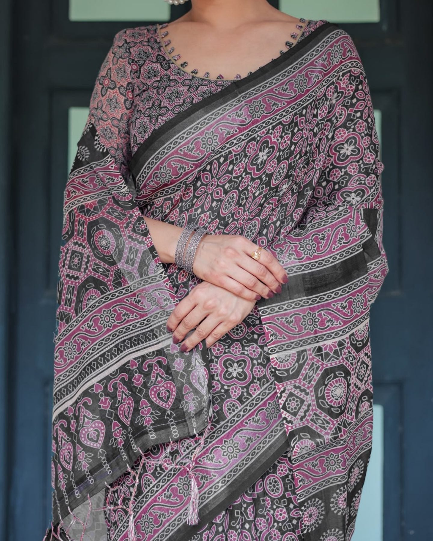 Black Cotton Saree - full-length drape