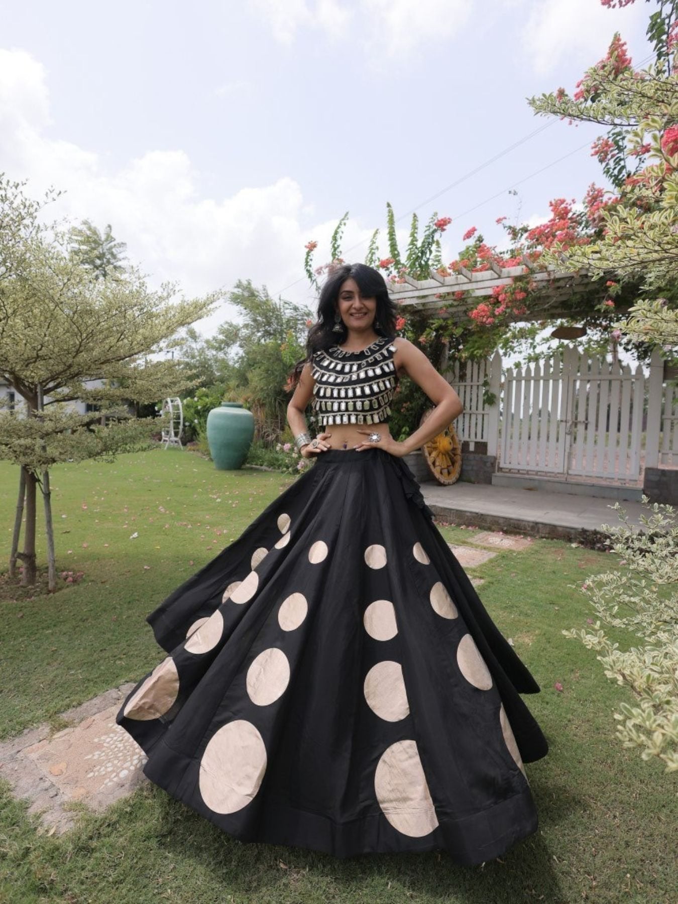 Black Roman Silk Navratri Lehenga Choli with Mirror Lace Work and 6 Meter Flair for women | Snyvia