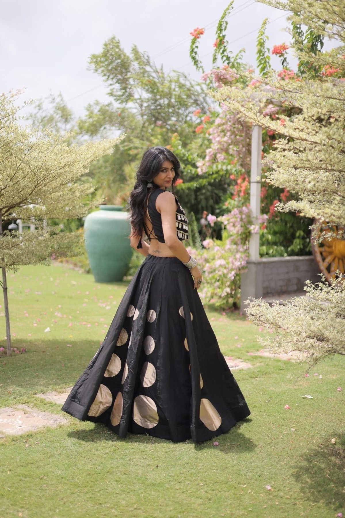 Roman Silk Navratri Lehenga Choli with Mirror Lace Work and 6 Meter Flair blouse and dupatta detail