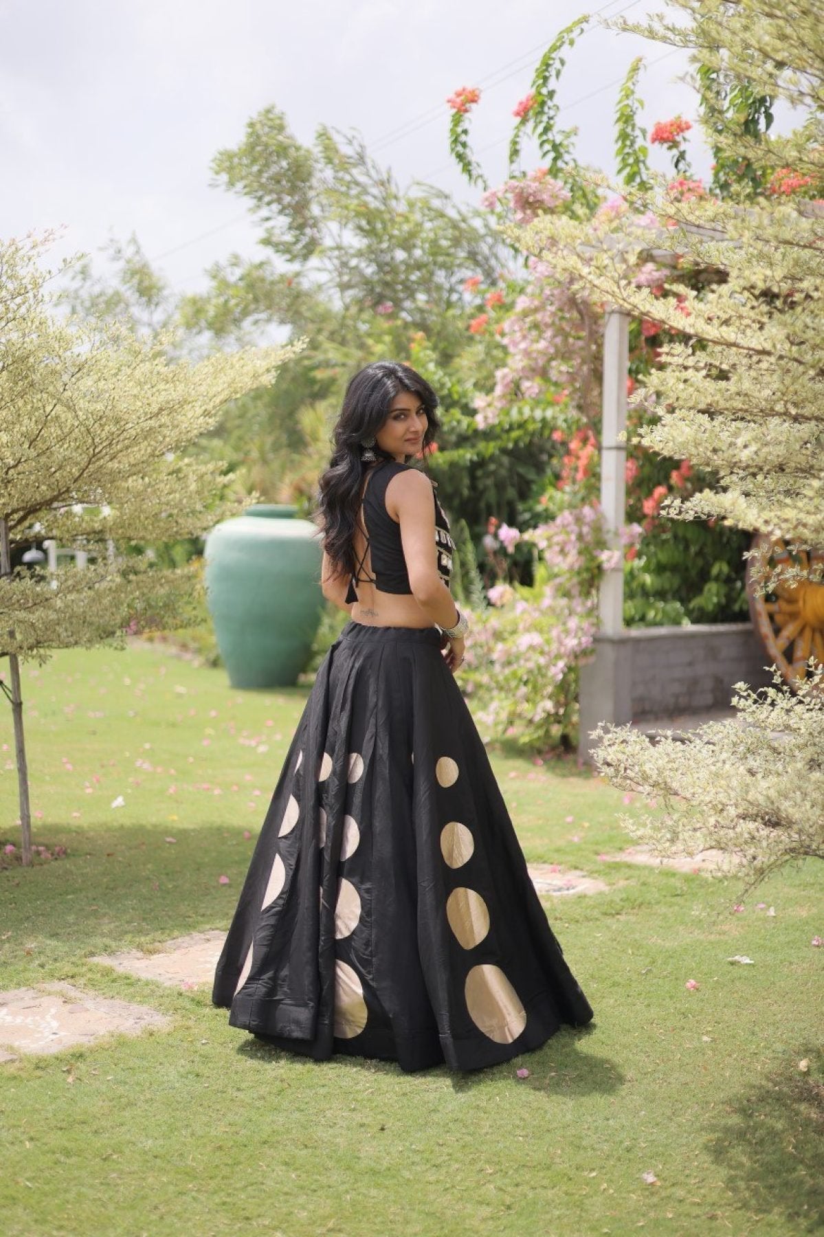 Roman Silk Navratri Lehenga Choli with Mirror Lace Work and 6 Meter Flair embroidery close-up