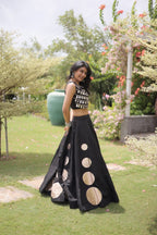 Roman Silk Navratri Lehenga Choli with Mirror Lace Work and 6 Meter Flair back view