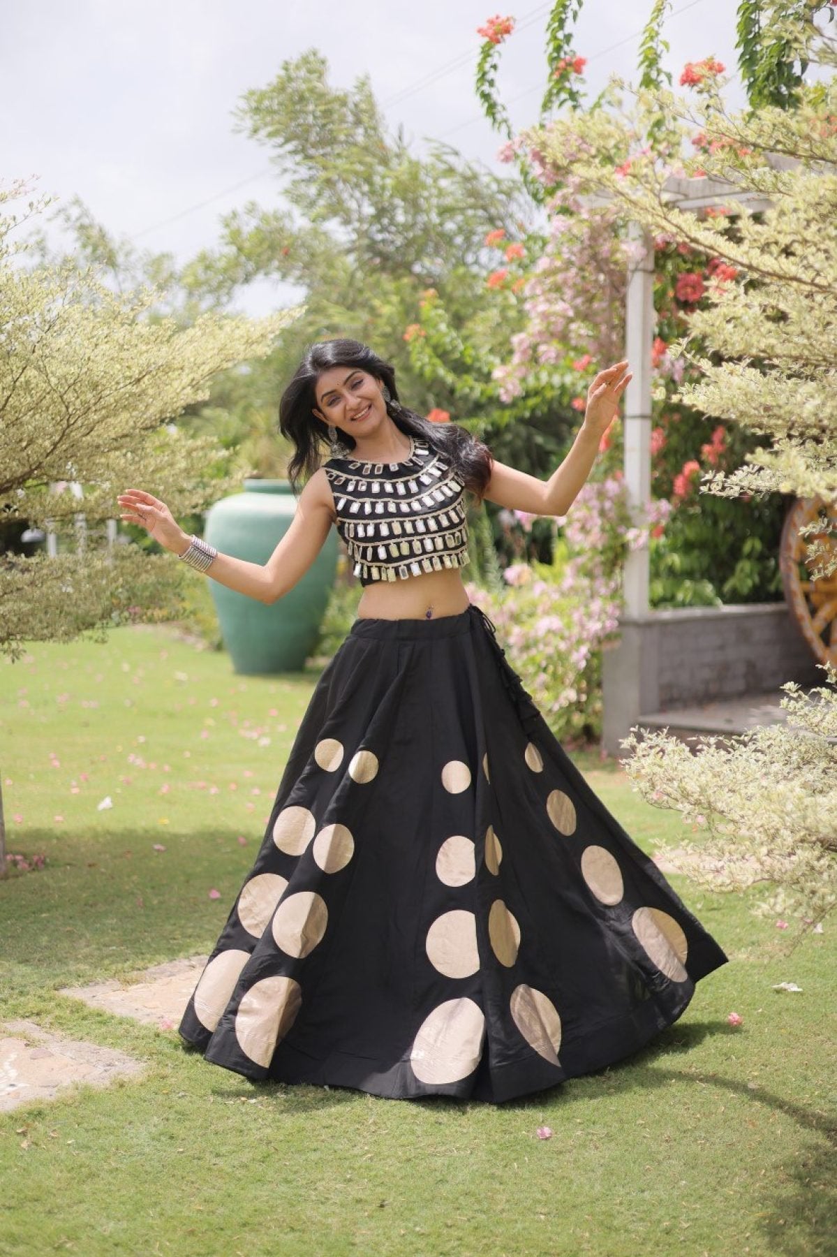 Roman Silk Navratri Lehenga Choli with Mirror Lace Work and 6 Meter Flair styling view