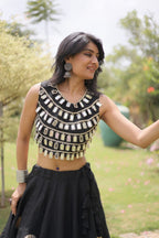 Roman Silk Navratri Lehenga Choli with Mirror Lace Work and 6 Meter Flair blouse and dupatta detail