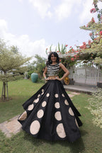 Yellow Roman Silk Navratri Lehenga Choli with Mirror Lace Work and 6 Meter Flair blouse and dupatta detail