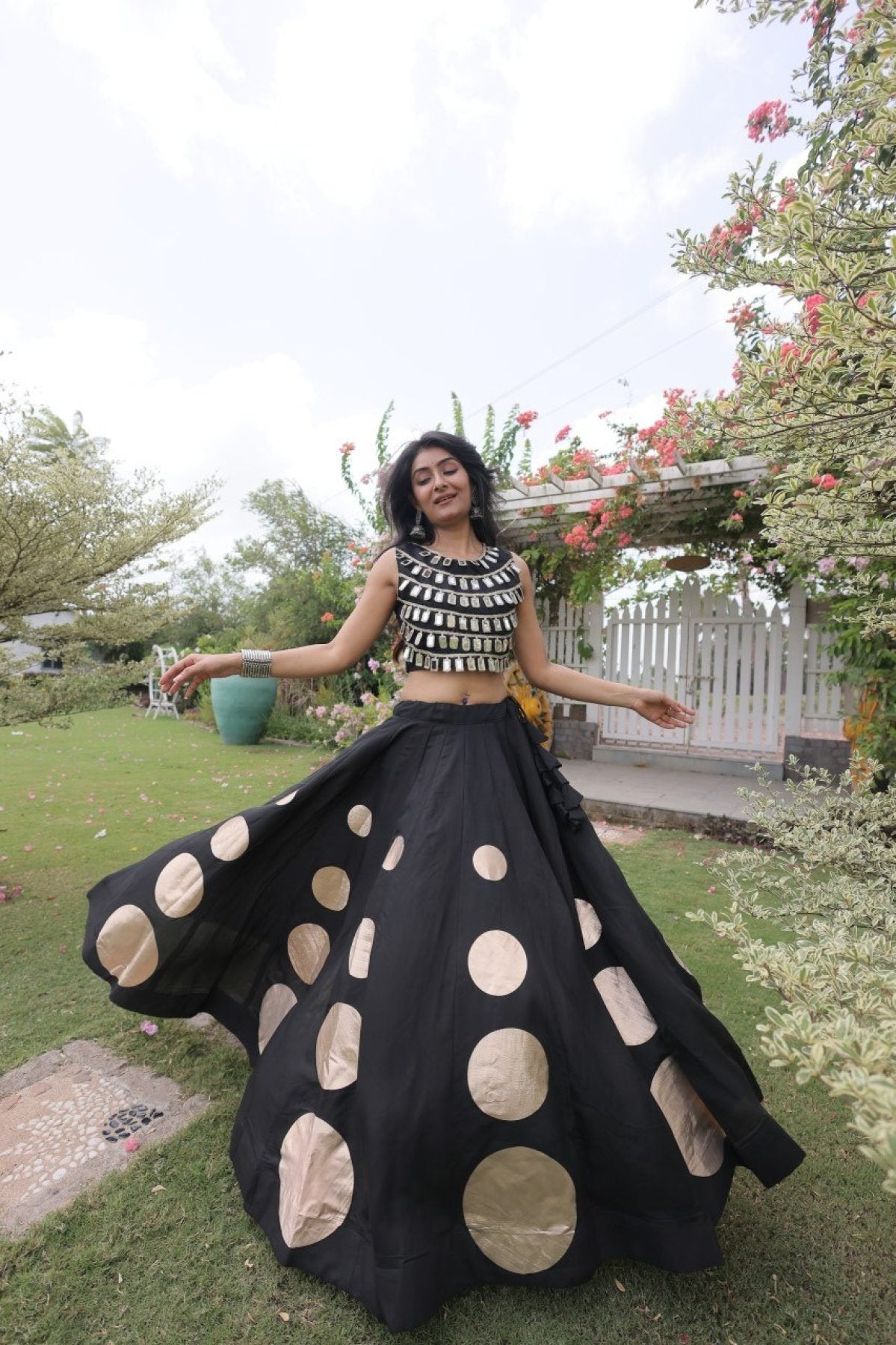 White Roman Silk Navratri Lehenga Choli with Mirror Lace Work and 6 Meter Flair back view