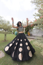 Roman Silk Navratri Lehenga Choli with Mirror Lace Work and 6 Meter Flair styling view