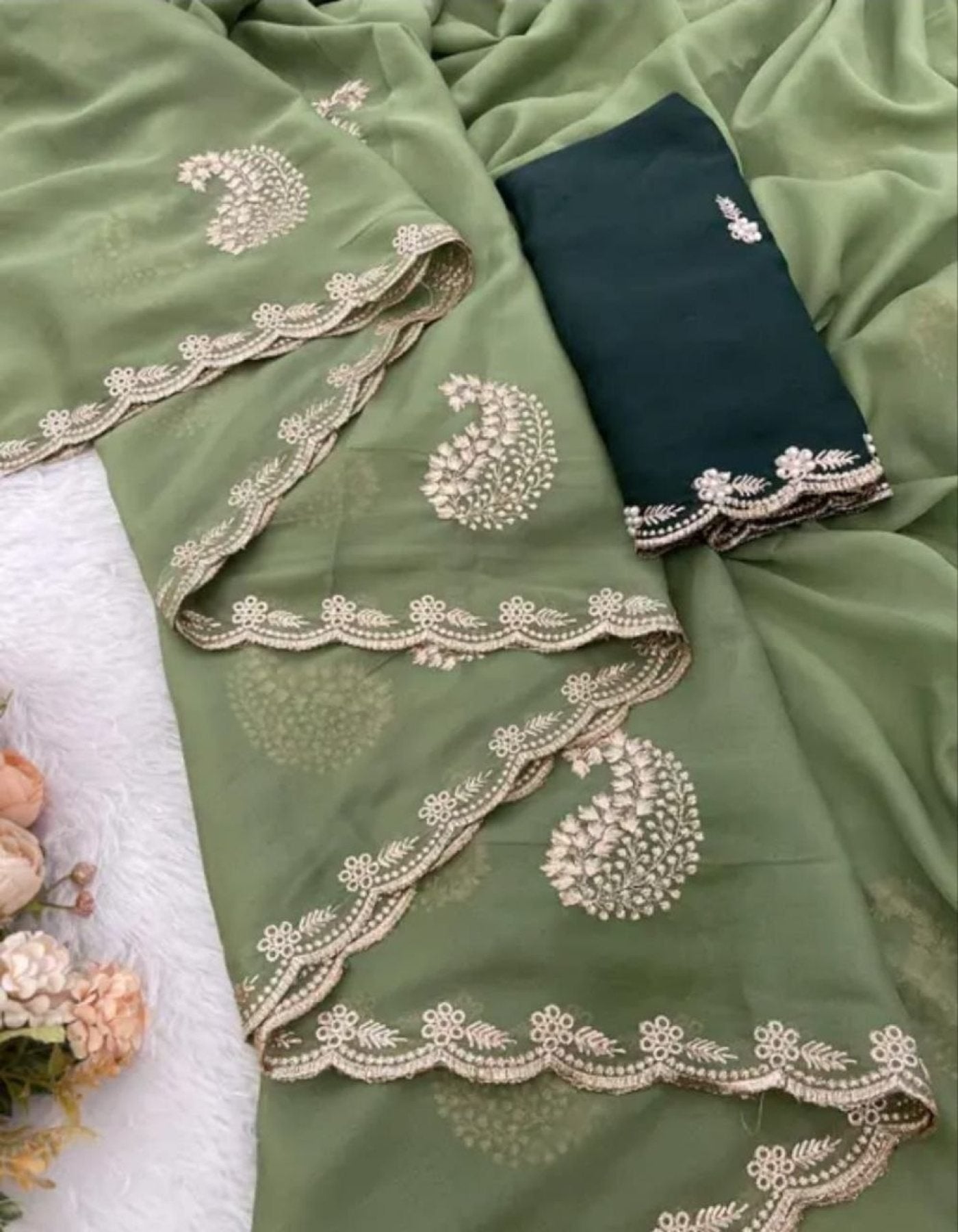 Green Georgette Saree - side drape view