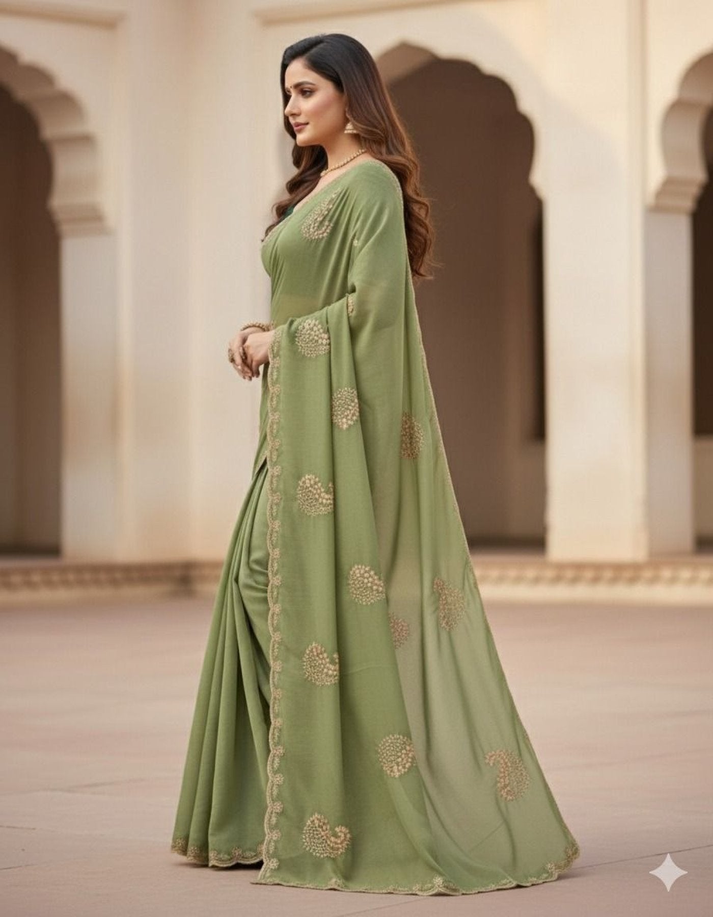 Green Georgette Saree - blouse and border close-up