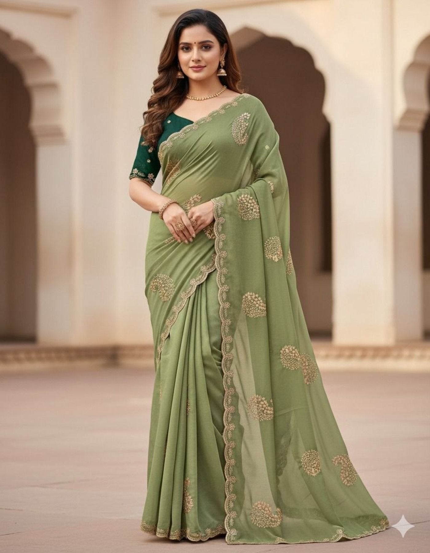 Green Georgette Saree - fabric texture close-up