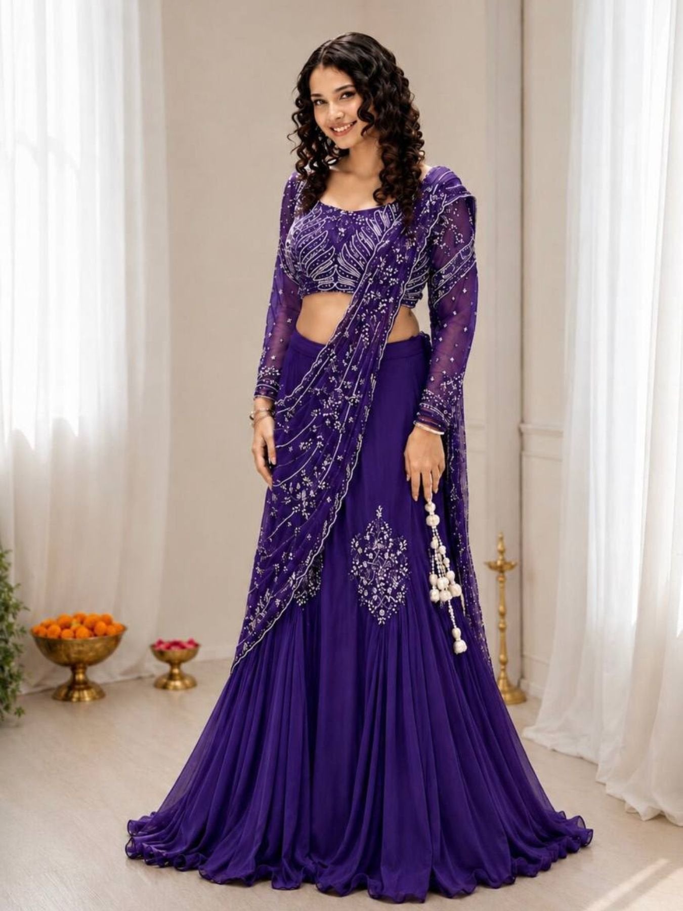 Chinon Silk Lehenga Style Saree with Attached Pallu for Party Wear colour variant view