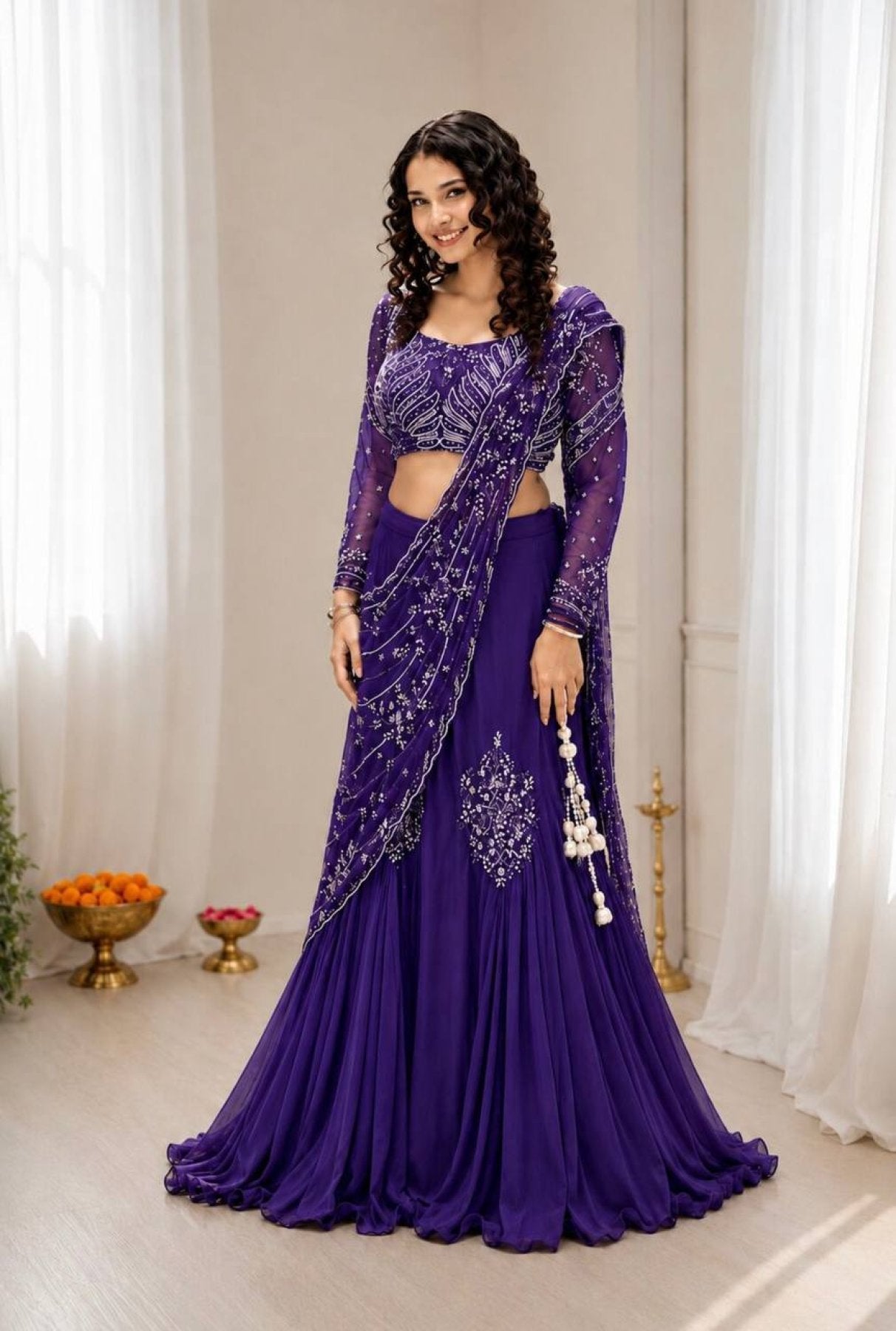 Purple Chinon Lehenga - side drape view