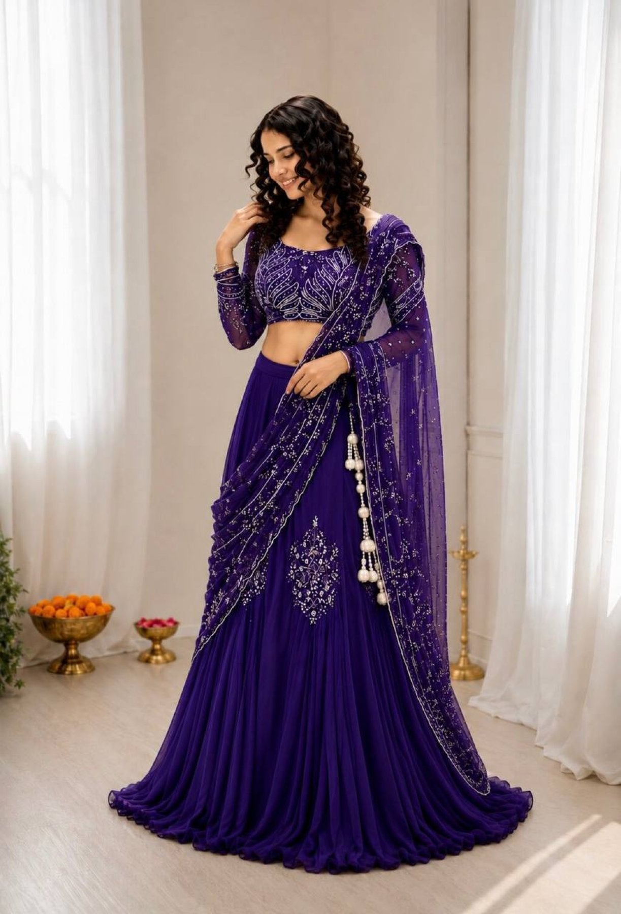 Chinon Silk Lehenga Style Saree with Attached Pallu for Party Wear blouse and dupatta detail