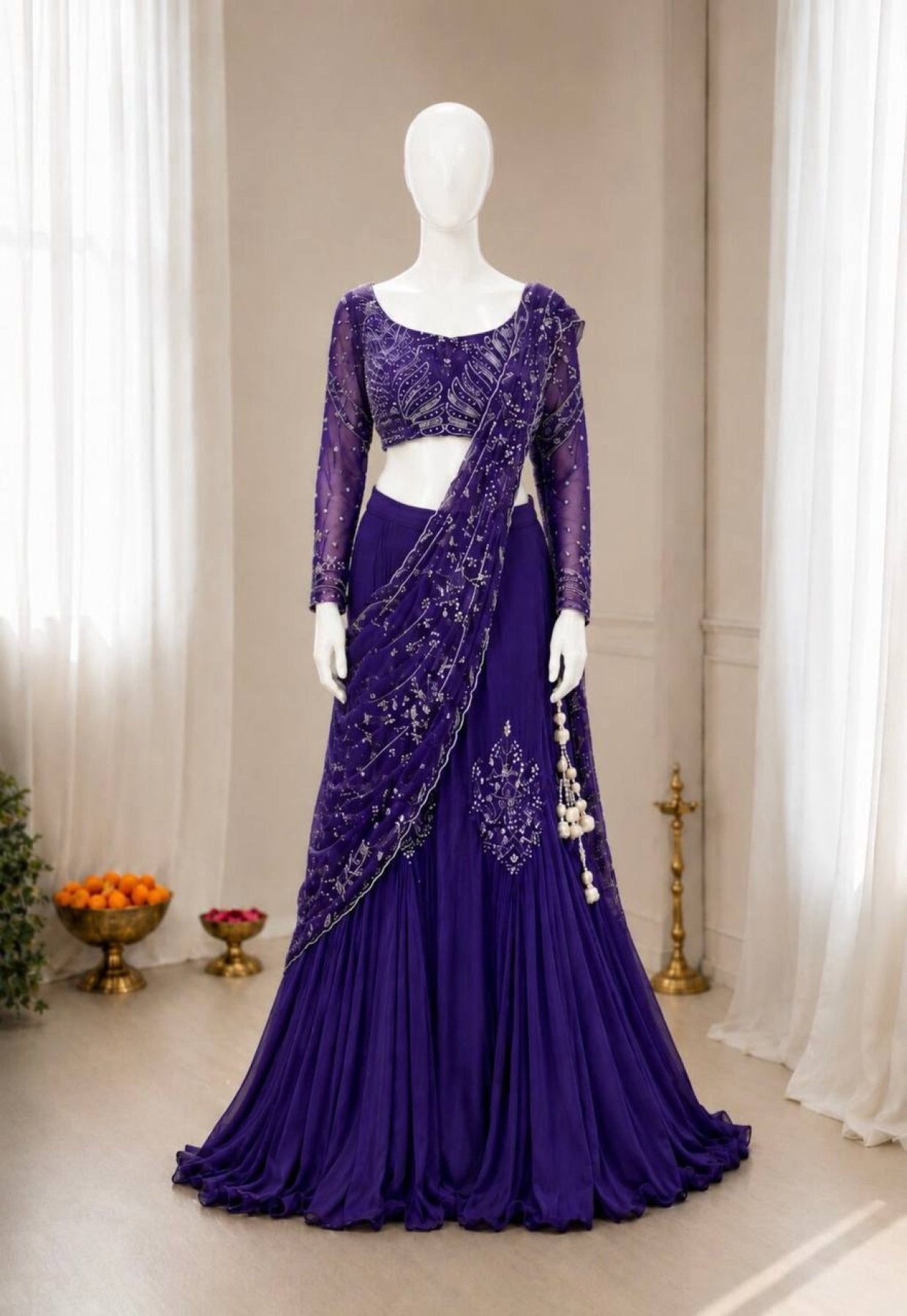 Purple Chinon Lehenga - embroidery work detail