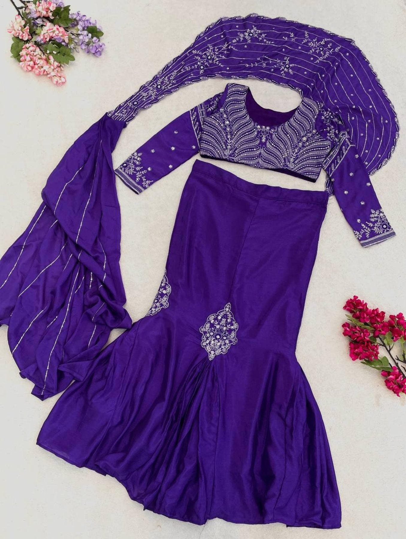 Purple Chinon Lehenga - full-length drape