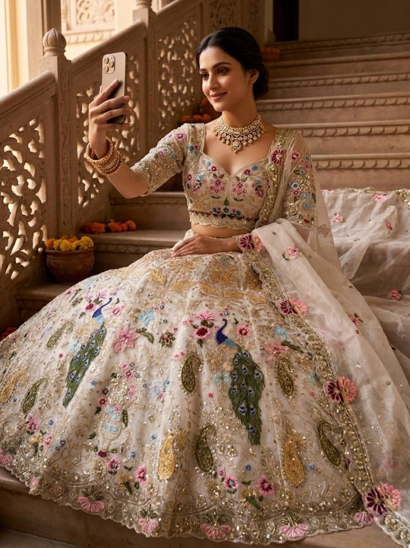 White Organza Lehenga with Heavy Cut Work full drape view
