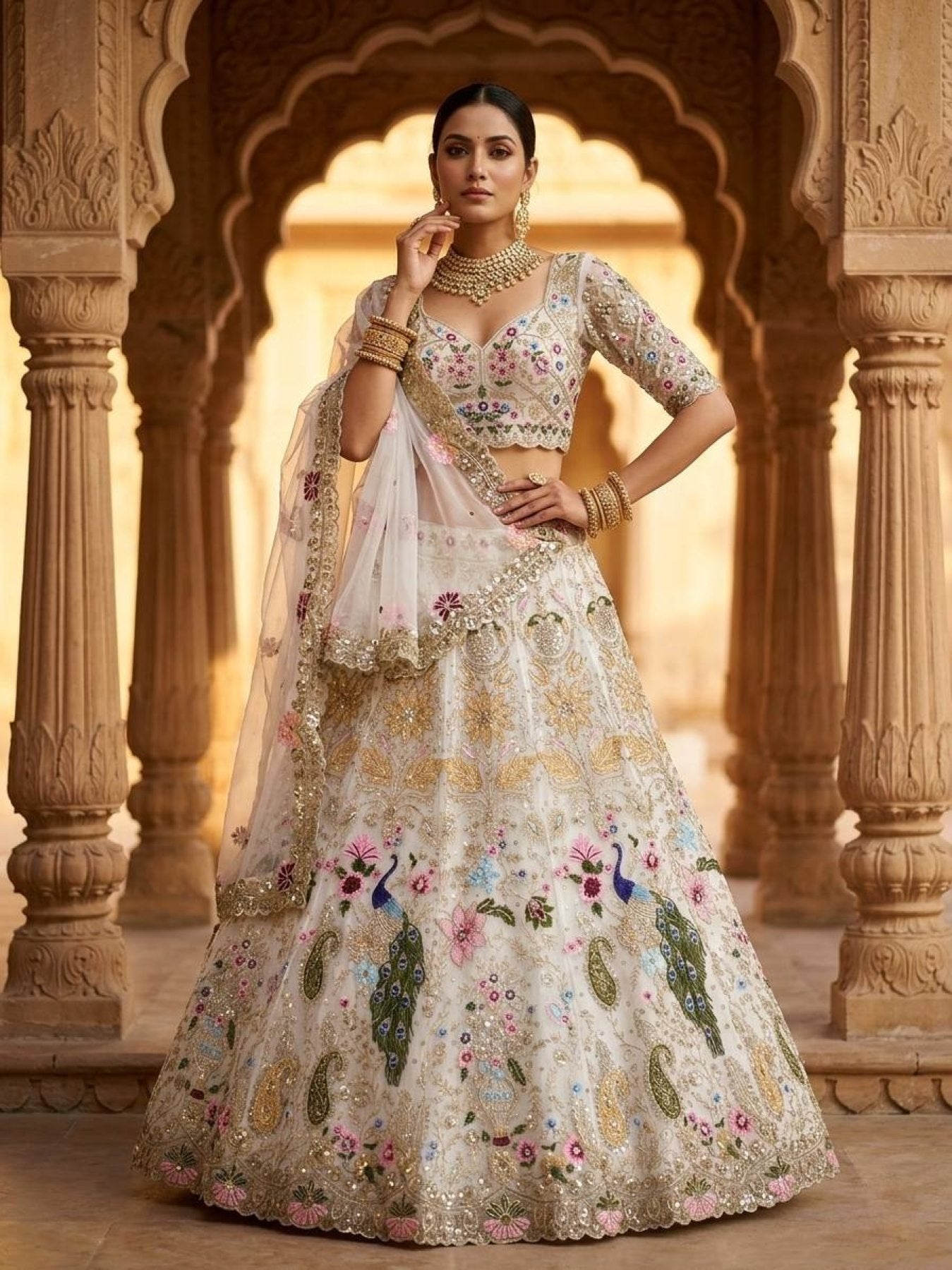 White Organza Lehenga with Heavy Cut Work back view