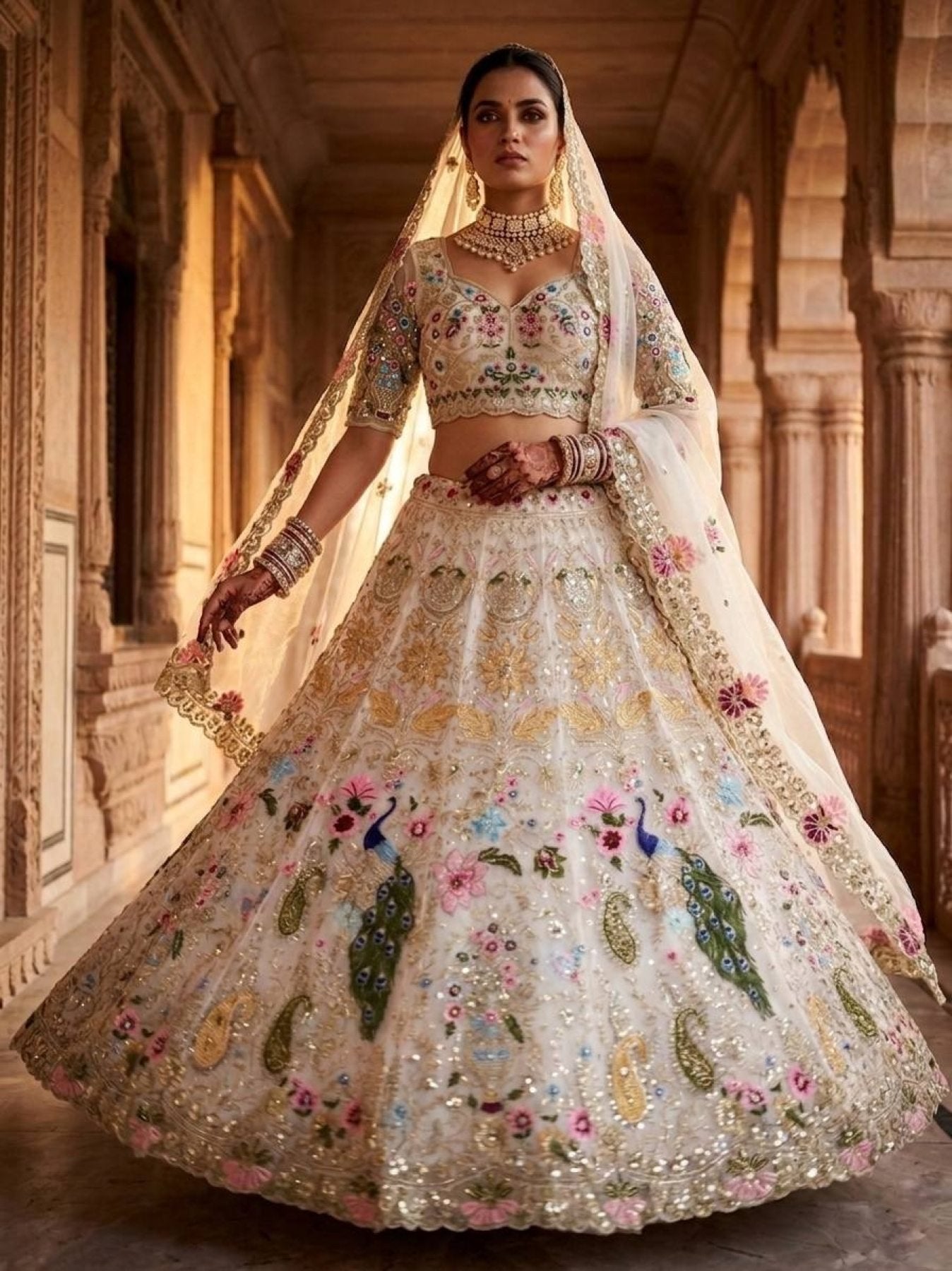 White Organza Lehenga with Heavy Cut Work styling view