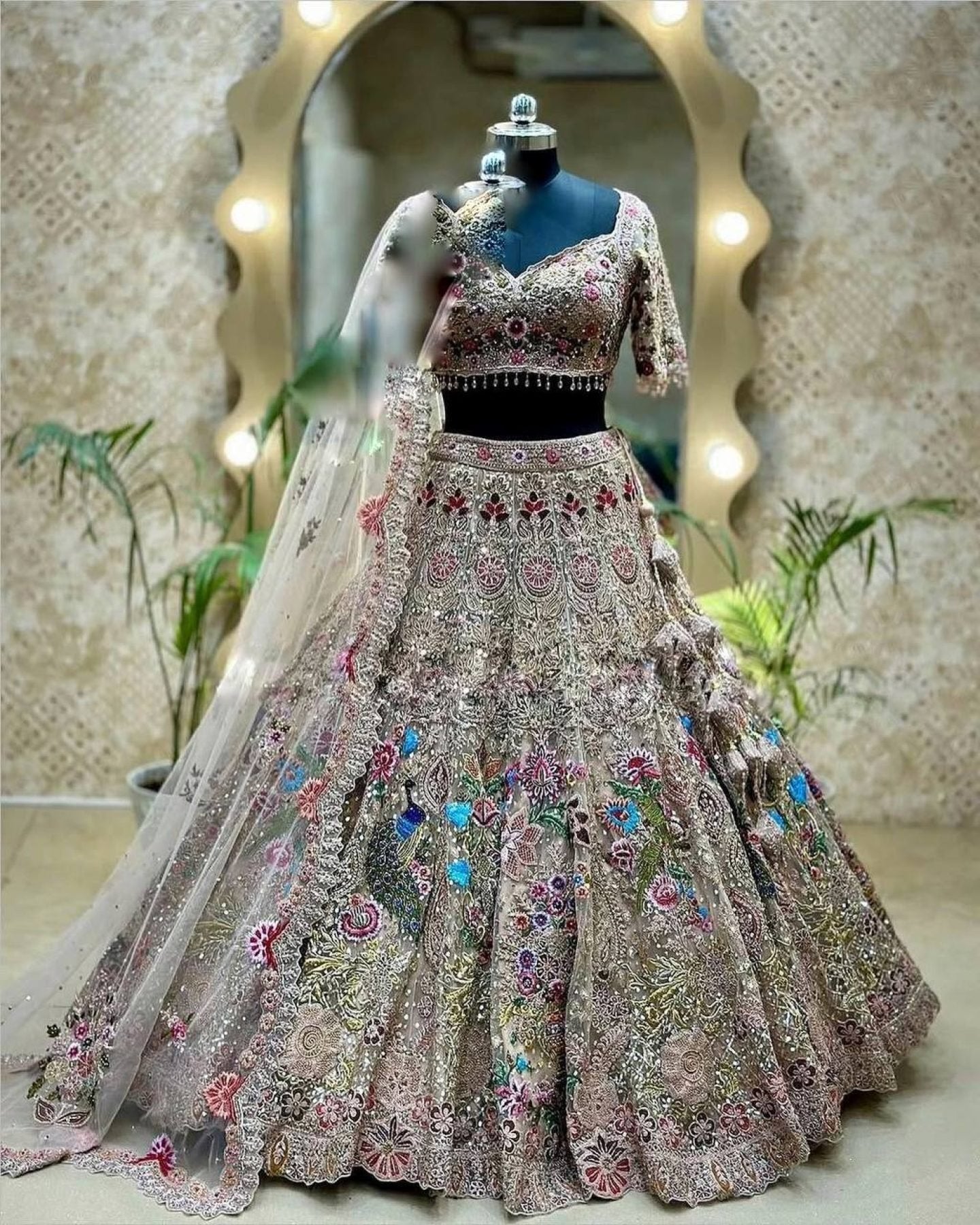 White Organza Lehenga with Heavy Cut Work full drape view